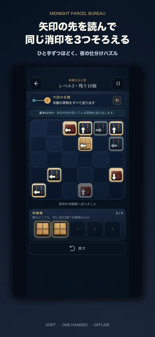 矢印と消印を読んで荷物を仕分けるゲーム画面