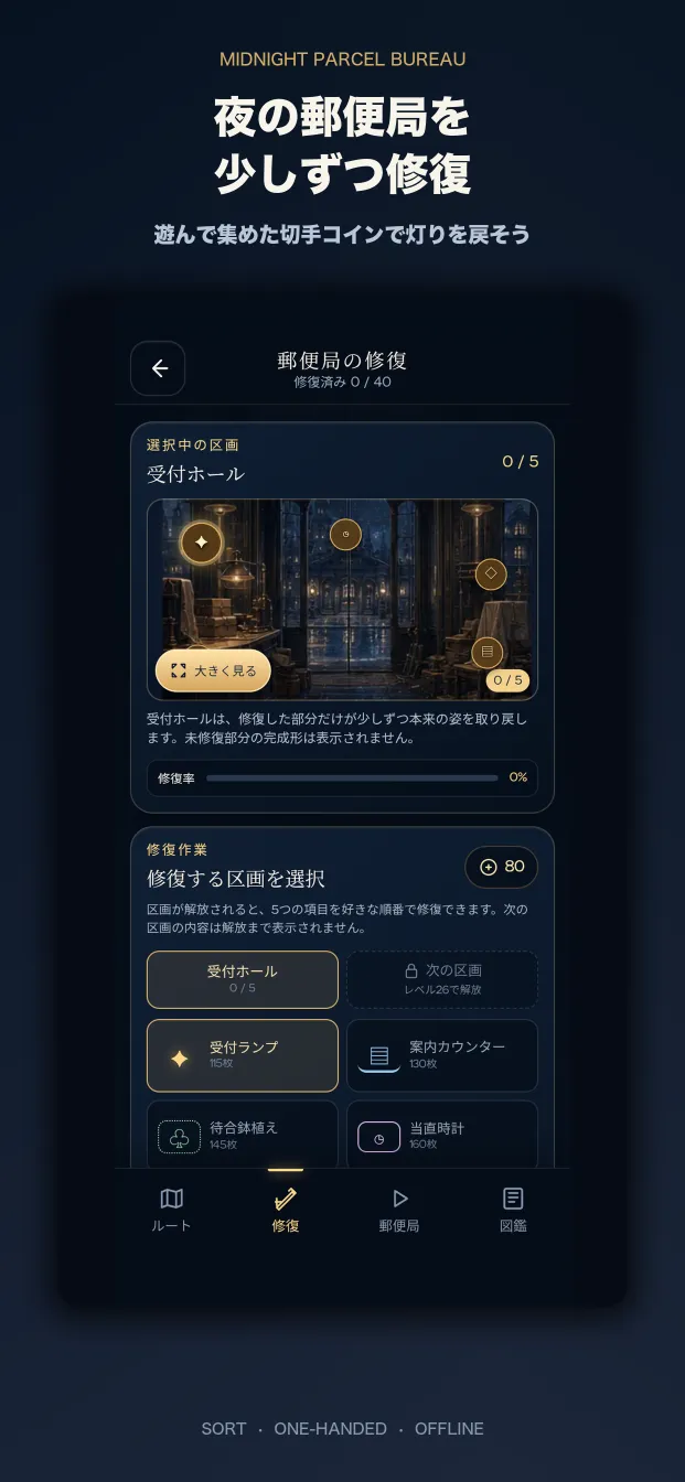 切手コインで真夜中の郵便局を修復する画面