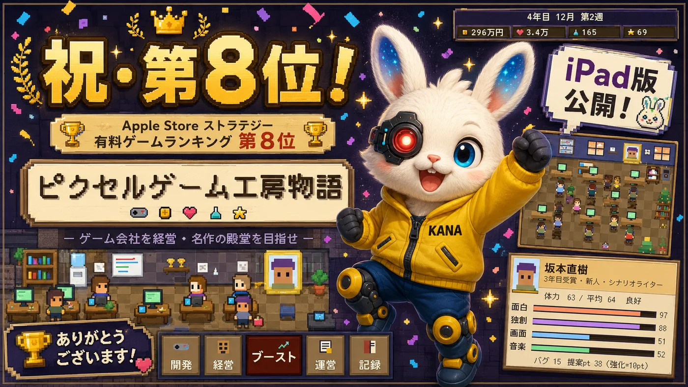『ピクセルゲーム工房物語』App Store ストラテジー 有料ゲームランキング第8位・iPad版公開 記念ビジュアル