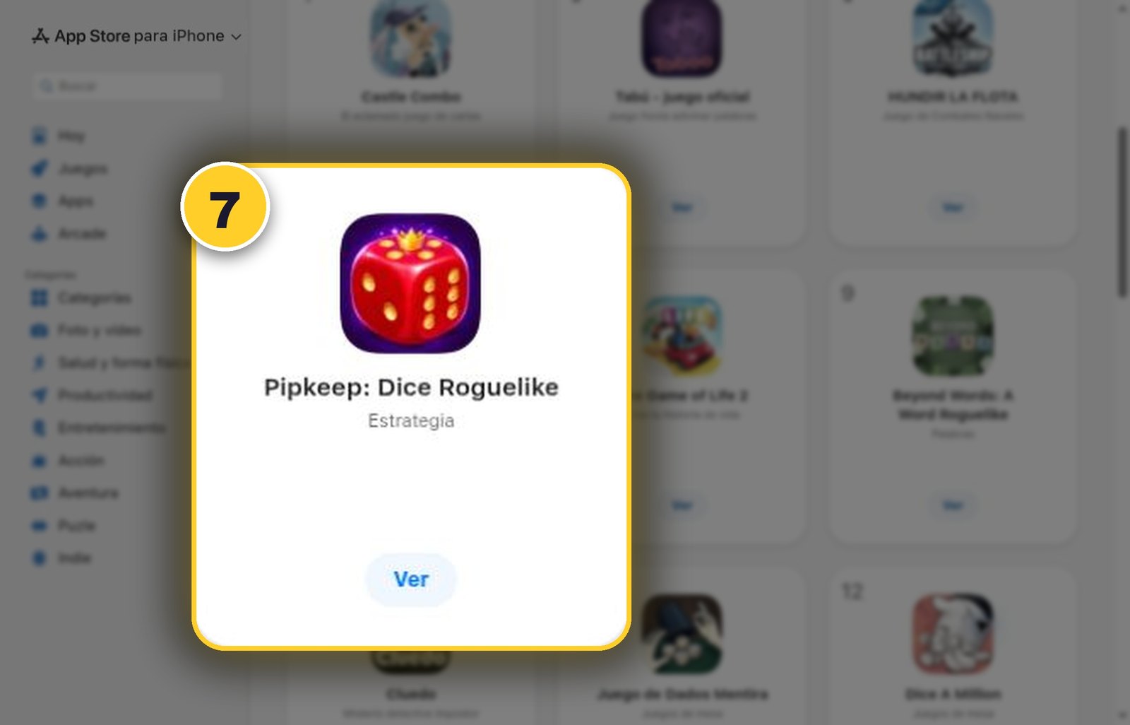 The App Store in Spain top paid Board games chart for iPhone, with Pipkeep: Dice Roguelike at No. 7 enlarged and highlighted