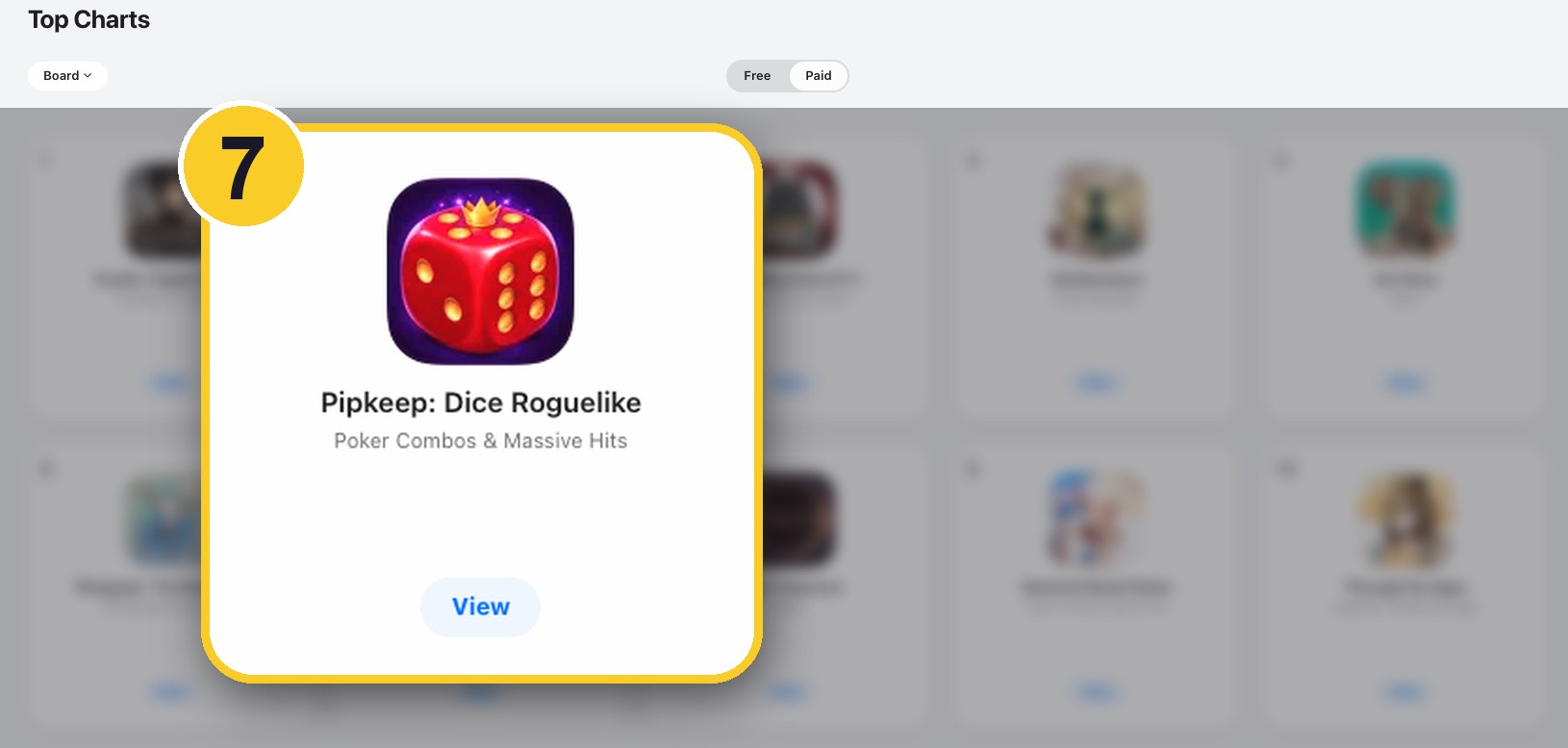 App Store（タイ）ボードゲームの有料ランキング画面。第7位の『Pipkeep: Dice Roguelike』を拡大して強調しています